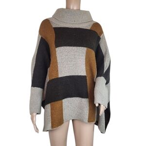 Zara Knit Tan Brown Poncho Sweater Wool Blend Oversized Womens